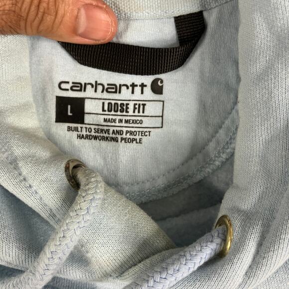 Carhartt Hoodie Mens Size L Light Blue Loose Fit Pullover Workwear Logo Sleeve - Picture 3 of 8